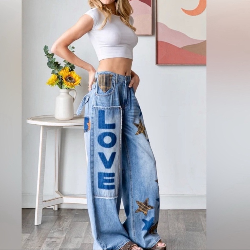 Oli & Hali Love + Stars Patchwork Baggy Jeans | Distressed Denim Pants - Picture 9 of 10